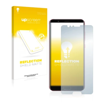 Vorderseite einer Produktverpackung mit dem Markenlogo upscreen. Daneben ist das Gerät Honor View 10 mit dem zugehörigen Displ