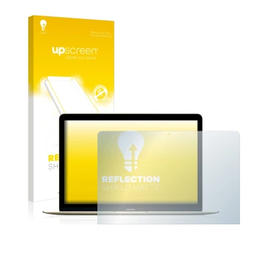 Vorderseite einer Produktverpackung mit dem Markenlogo upscreen. Daneben ist das Gerät Apple MacBook Retina 12