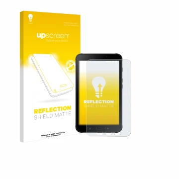 Vorderseite einer Produktverpackung mit dem Markenlogo upscreen. Daneben ist das Gerät Samsung Galaxy Tab Active 2 mit dem zug