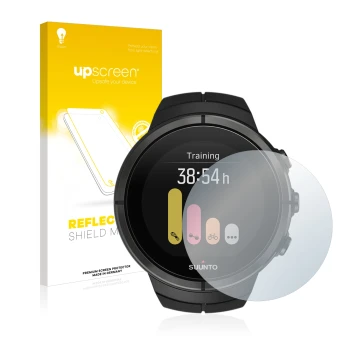 Vorderseite einer Produktverpackung mit dem Markenlogo upscreen. Daneben ist das Gerät Suunto Spartan Ultra mit dem zugehörige