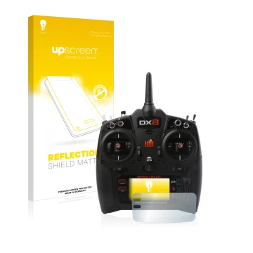 Vorderseite einer Produktverpackung mit dem Markenlogo upscreen. Daneben ist das Gerät Spektrum DX8 G2 mit dem zugehörigen Dis