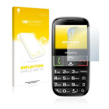 Vorderseite einer Produktverpackung mit dem Markenlogo upscreen. Daneben ist das Gerät Emporia Euphoria V50-3G mit dem zugehör