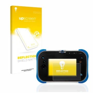 Vorderseite einer Produktverpackung mit dem Markenlogo upscreen. Daneben ist das Gerät Vtech Storio Max 2.0 mit dem zugehörige