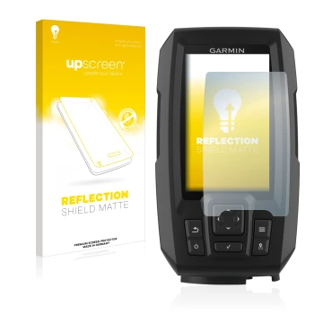 Vorderseite einer Produktverpackung mit dem Markenlogo upscreen. Daneben ist das Gerät Garmin Striker Plus 4 mit dem zugehörig