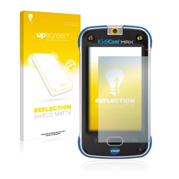 Vorderseite einer Produktverpackung mit dem Markenlogo upscreen. Daneben ist das Gerät Vtech Kidicom Max mit dem zugehörigen D