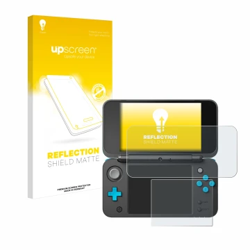 Vorderseite einer Produktverpackung mit dem Markenlogo upscreen. Daneben ist das Gerät New Nintendo 2DS XL mit dem zugehörigen