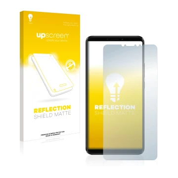 Vorderseite einer Produktverpackung mit dem Markenlogo upscreen. Daneben ist das Gerät Xiaomi Mi Max 3 mit dem zugehörigen Dis