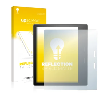 Vorderseite einer Produktverpackung mit dem Markenlogo upscreen. Daneben ist das Gerät Amazon Kindle Oasis 2017 (9. Gen.) mit 