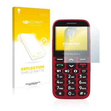 Vorderseite einer Produktverpackung mit dem Markenlogo upscreen. Daneben ist das Gerät Doro Primo 366 mit dem zugehörigen Disp