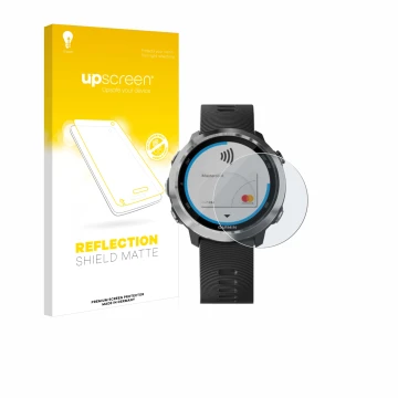 Vorderseite einer Produktverpackung mit dem Markenlogo upscreen. Daneben ist das Gerät Garmin Forerunner 645 mit dem zugehörig
