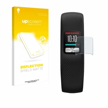 Vorderseite einer Produktverpackung mit dem Markenlogo upscreen. Daneben ist das Gerät Garmin Vivofit 4 mit dem zugehörigen Di