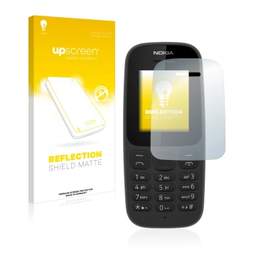 Vorderseite einer Produktverpackung mit dem Markenlogo upscreen. Daneben ist das Gerät Nokia 105 2017 mit dem zugehörigen Disp