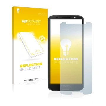 Vorderseite einer Produktverpackung mit dem Markenlogo upscreen. Daneben ist das Gerät Motorola Moto G6 mit dem zugehörigen Di