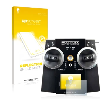 Vorderseite einer Produktverpackung mit dem Markenlogo upscreen. Daneben ist das Gerät Multiplex Cockpit SX9 mit dem zugehörig