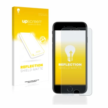 Vorderseite einer Produktverpackung mit dem Markenlogo upscreen. Daneben ist das Gerät Apple iPhone SE 2 2020 mit dem zugehöri