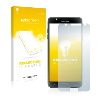 Vorderseite einer Produktverpackung mit dem Markenlogo upscreen. Daneben ist das Gerät Samsung Galaxy J7 Duo 2018 mit dem zuge
