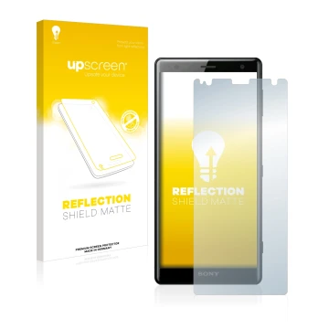 Vorderseite einer Produktverpackung mit dem Markenlogo upscreen. Daneben ist das Gerät Sony Xperia XZ2 mit dem zugehörigen Dis