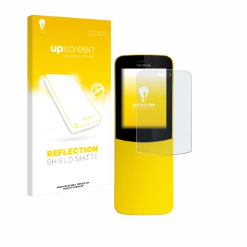 Vorderseite einer Produktverpackung mit dem Markenlogo upscreen. Daneben ist das Gerät Nokia 8110 mit dem zugehörigen Displays