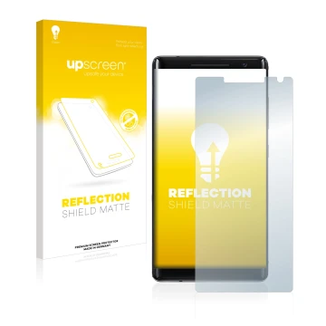 Vorderseite einer Produktverpackung mit dem Markenlogo upscreen. Daneben ist das Gerät Nokia 8 Sirocco mit dem zugehörigen Dis