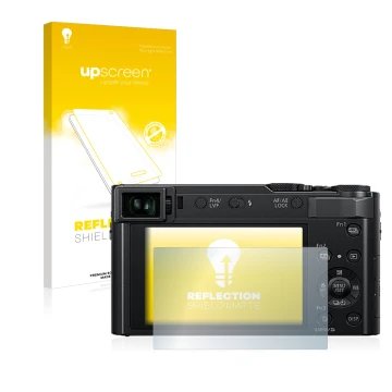 Vorderseite einer Produktverpackung mit dem Markenlogo upscreen. Daneben ist das Gerät Panasonic Lumix DC-TZ202 mit dem zugehö