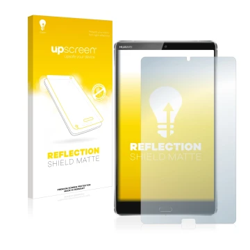 Vorderseite einer Produktverpackung mit dem Markenlogo upscreen. Daneben ist das Gerät Huawei MediaPad M5 8.4 mit dem zugehöri
