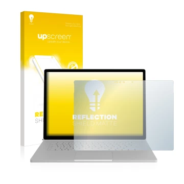 Vorderseite einer Produktverpackung mit dem Markenlogo upscreen. Daneben ist das Gerät Microsoft Surface Book 2 15