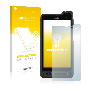 Vorderseite einer Produktverpackung mit dem Markenlogo upscreen. Daneben ist das Gerät Sonim XP8 mit dem zugehörigen Displaysc