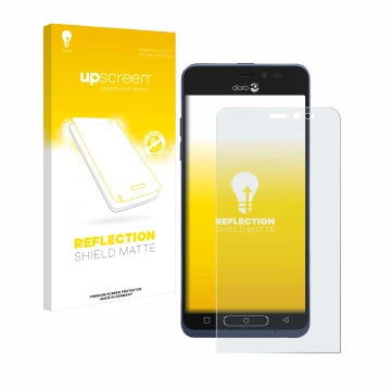 Vorderseite einer Produktverpackung mit dem Markenlogo upscreen. Daneben ist das Gerät Doro 8035 mit dem zugehörigen Displaysc