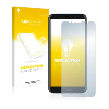 Vorderseite einer Produktverpackung mit dem Markenlogo upscreen. Daneben ist das Gerät Huawei Y6 2018 mit dem zugehörigen Disp