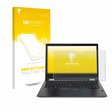Vorderseite einer Produktverpackung mit dem Markenlogo upscreen. Daneben ist das Gerät Lenovo ThinkPad Yoga X380 mit dem zugeh