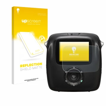Vorderseite einer Produktverpackung mit dem Markenlogo upscreen. Daneben ist das Gerät Fujifilm Instax Square SQ10 mit dem zug