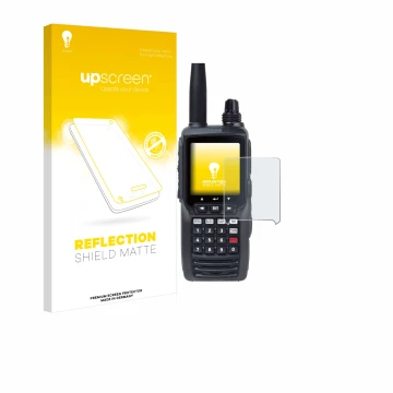 Vorderseite einer Produktverpackung mit dem Markenlogo upscreen. Daneben ist das Gerät Yaesu FTA-450 mit dem zugehörigen Displ