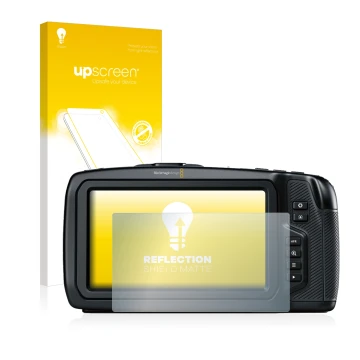 Vorderseite einer Produktverpackung mit dem Markenlogo upscreen. Daneben ist das Gerät Blackmagic Pocket Cinema Camera 4K mit 