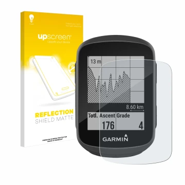 Vorderseite einer Produktverpackung mit dem Markenlogo upscreen. Daneben ist das Gerät Garmin Edge 130 mit dem zugehörigen Dis
