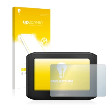 Vorderseite einer Produktverpackung mit dem Markenlogo upscreen. Daneben ist das Gerät Garmin zumo 396 LMT-S mit dem zugehörig