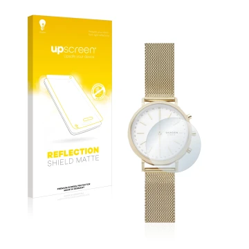 Vorderseite einer Produktverpackung mit dem Markenlogo upscreen. Daneben ist das Gerät Skagen Hybrid Smartwatch Mini Hald (34 
