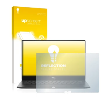 Vorderseite einer Produktverpackung mit dem Markenlogo upscreen. Daneben ist das Gerät Dell XPS 13 9370 mit dem zugehörigen Di