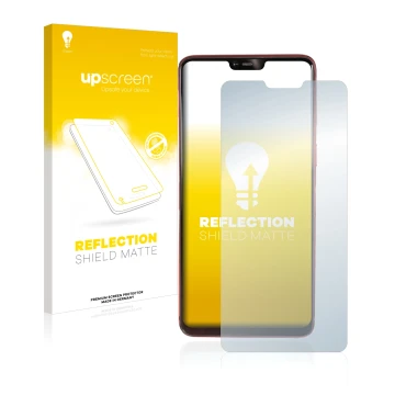 Vorderseite einer Produktverpackung mit dem Markenlogo upscreen. Daneben ist das Gerät Oppo R15 Pro mit dem zugehörigen Displa