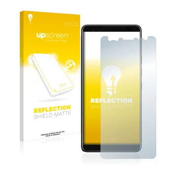 Vorderseite einer Produktverpackung mit dem Markenlogo upscreen. Daneben ist das Gerät HTC U12 Plus mit dem zugehörigen Displa