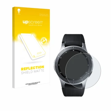 Vorderseite einer Produktverpackung mit dem Markenlogo upscreen. Daneben ist das Gerät Samsung Galaxy Watch (46 mm) mit dem zu