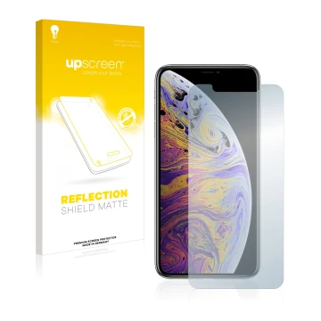 Vorderseite einer Produktverpackung mit dem Markenlogo upscreen. Daneben ist das Gerät Apple iPhone Xs Max mit dem zugehörigen
