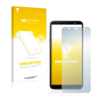 Vorderseite einer Produktverpackung mit dem Markenlogo upscreen. Daneben ist das Gerät Samsung Galaxy J8 2018 mit dem zugehöri