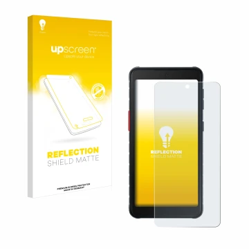 Vorderseite einer Produktverpackung mit dem Markenlogo upscreen. Daneben ist das Gerät Samsung Galaxy XCover 5 mit dem zugehör