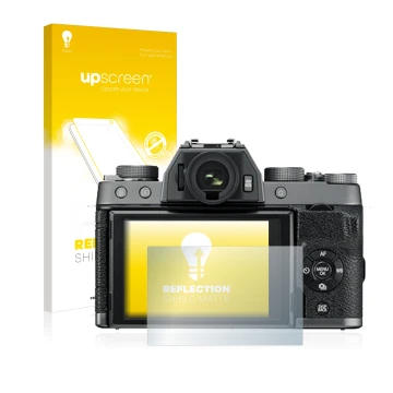 Vorderseite einer Produktverpackung mit dem Markenlogo upscreen. Daneben ist das Gerät Fujifilm X-T100 mit dem zugehörigen Dis