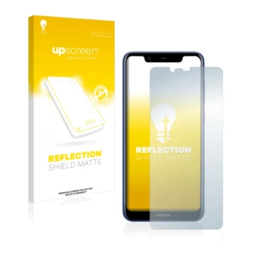 Vorderseite einer Produktverpackung mit dem Markenlogo upscreen. Daneben ist das Gerät Nokia 5.1 Plus 2018 mit dem zugehörigen