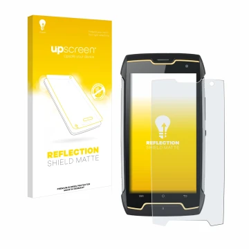 Vorderseite einer Produktverpackung mit dem Markenlogo upscreen. Daneben ist das Gerät Cubot King Kong mit dem zugehörigen Dis