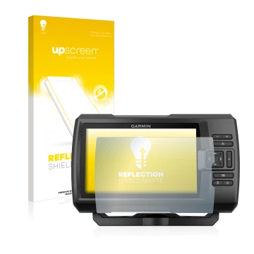 Vorderseite einer Produktverpackung mit dem Markenlogo upscreen. Daneben ist das Gerät Garmin Striker Plus 7cv mit dem zugehör