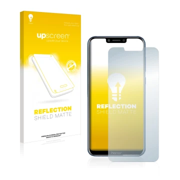 Vorderseite einer Produktverpackung mit dem Markenlogo upscreen. Daneben ist das Gerät Honor Play mit dem zugehörigen Displays