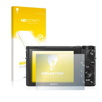 Vorderseite einer Produktverpackung mit dem Markenlogo upscreen. Daneben ist das Gerät Sony Cyber-Shot DSC-RX100 VI mit dem zu