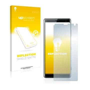 Vorderseite einer Produktverpackung mit dem Markenlogo upscreen. Daneben ist das Gerät Sony Xperia XZ3 mit dem zugehörigen Dis